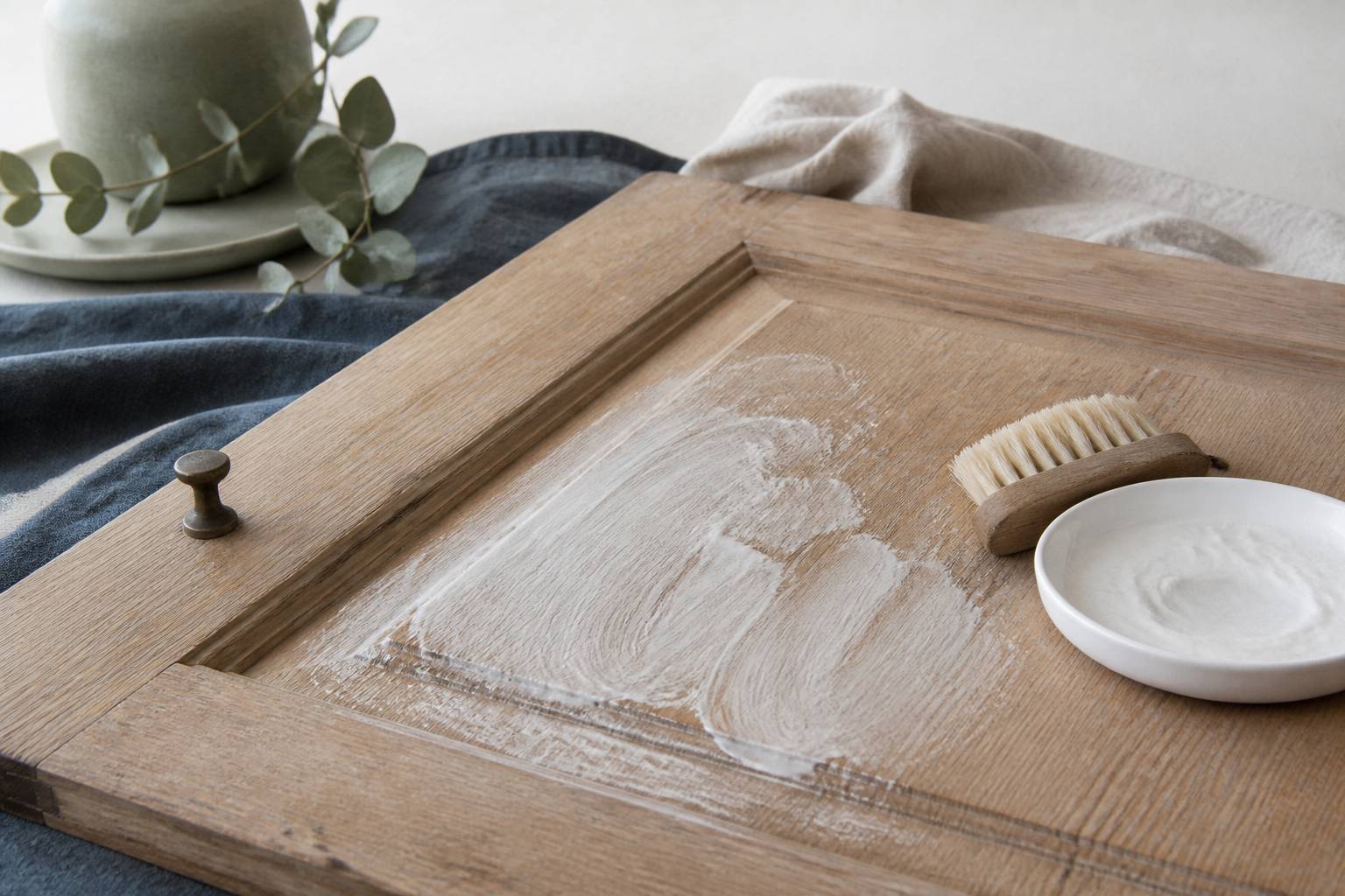 Pâte de bicarbonate appliquée sur une porte de meuble en bois
