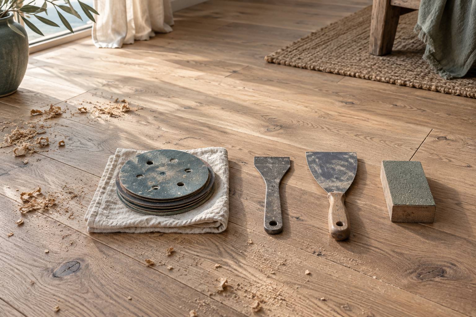 Outils et abrasifs de poncage poses sur un parquet en bois