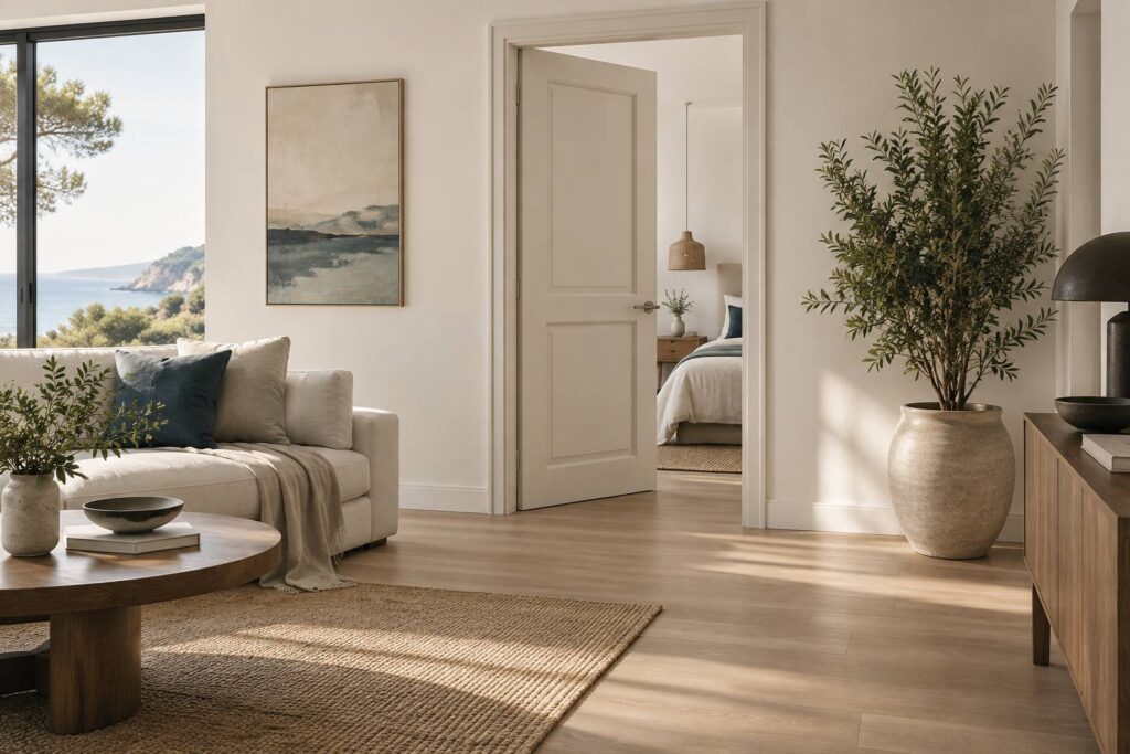 Porte intérieure à panneaux dans un intérieur clair en parquet et bois