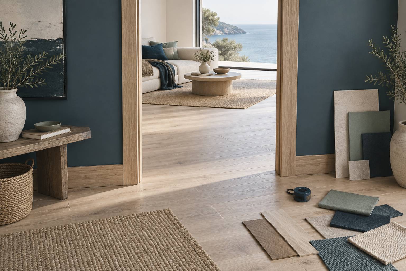Détail d'une ouverture de porte intérieure avec parquet et plinthes