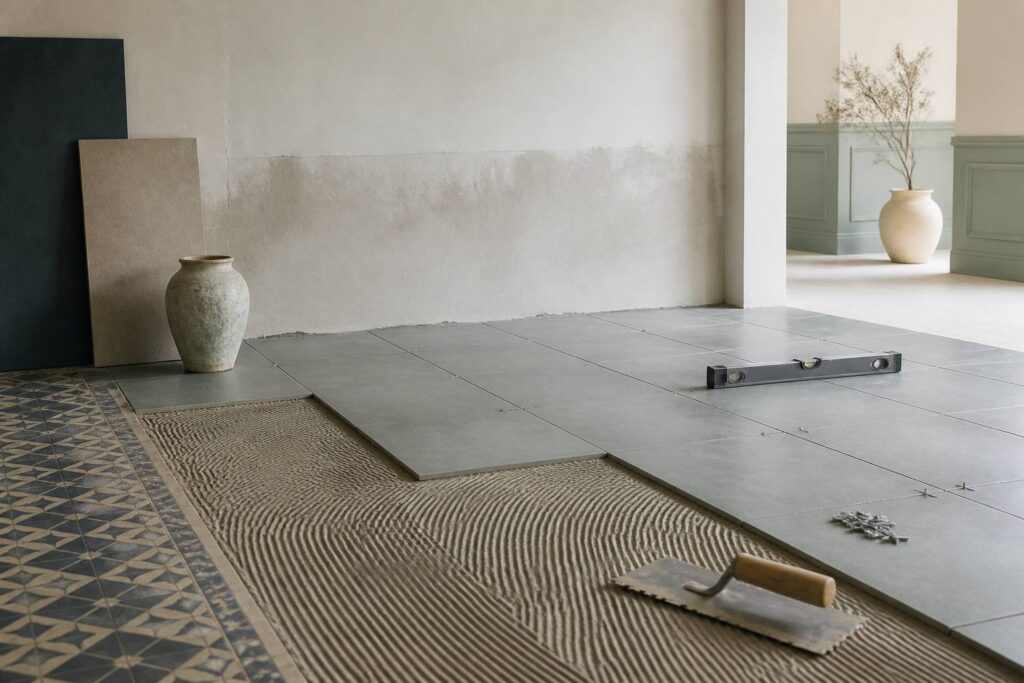 Nouveau carrelage posé sur un ancien carrelage avec croisillons et niveau à bulle