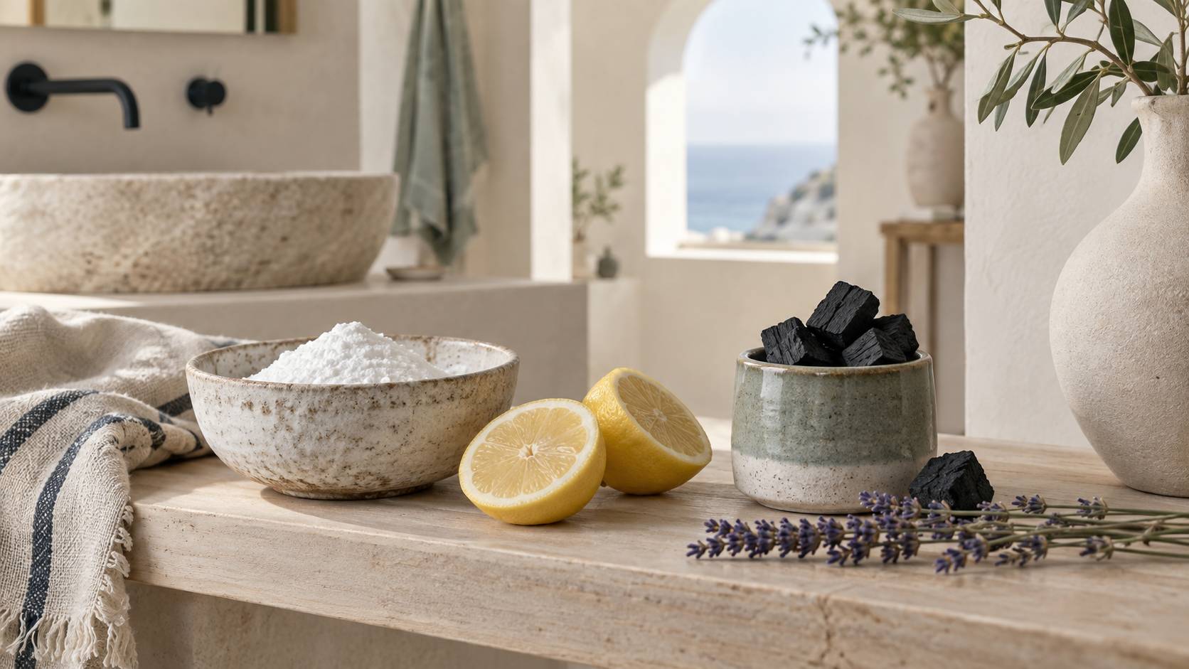 Produits naturels bicarbonate, citron et charbon actif sur une étagère