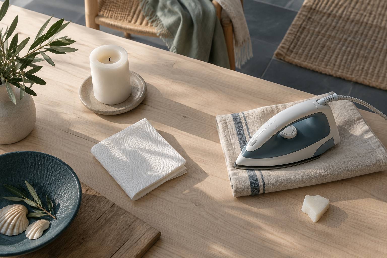 Fer a repasser basse temperature et papier absorbant pour retirer la cire