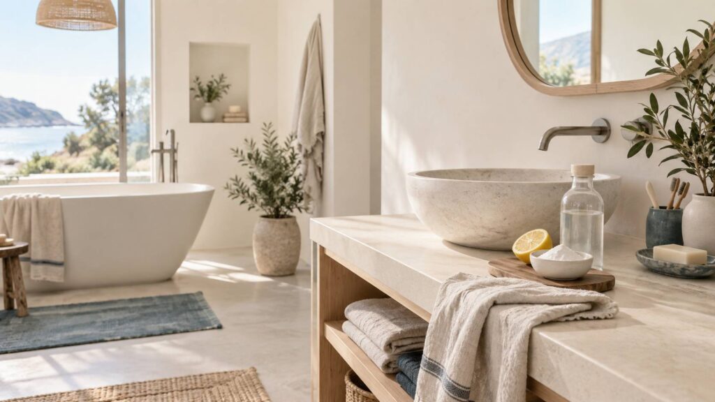 Salle de bain claire avec bicarbonate, citron et vinaigre blanc sur une étagère