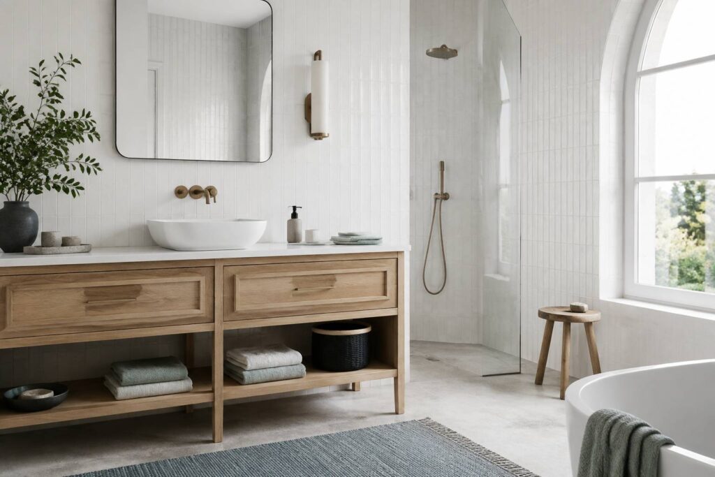 Salle de bains claire aux carreaux blancs avec joints impeccables et serviettes en lin
