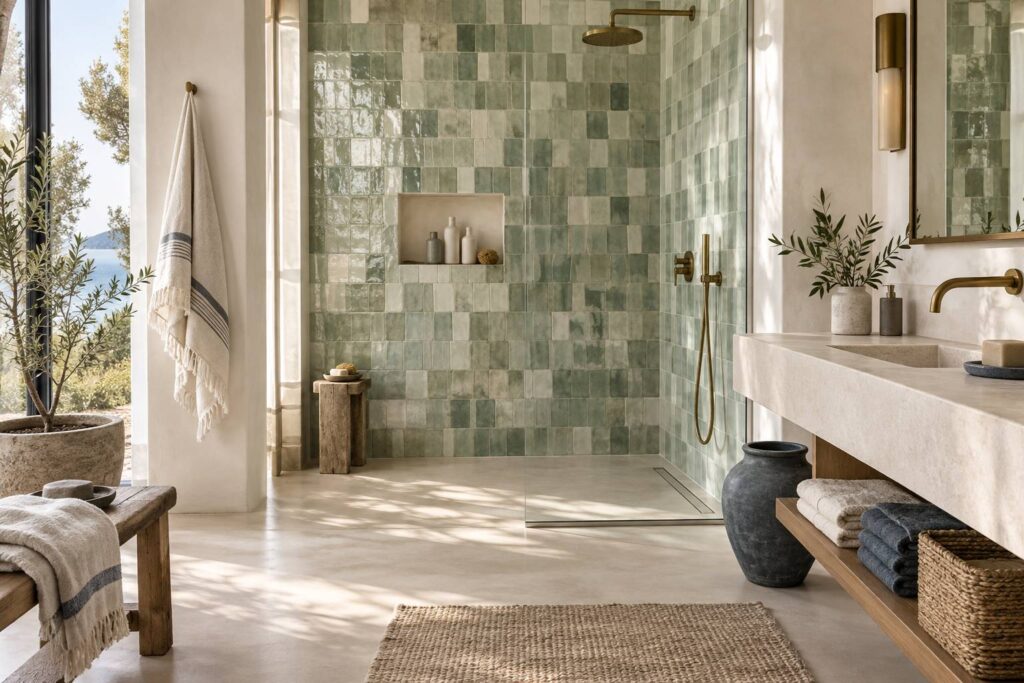Salle de bains avec mur de zellige vert et blanc et robinetterie en laiton
