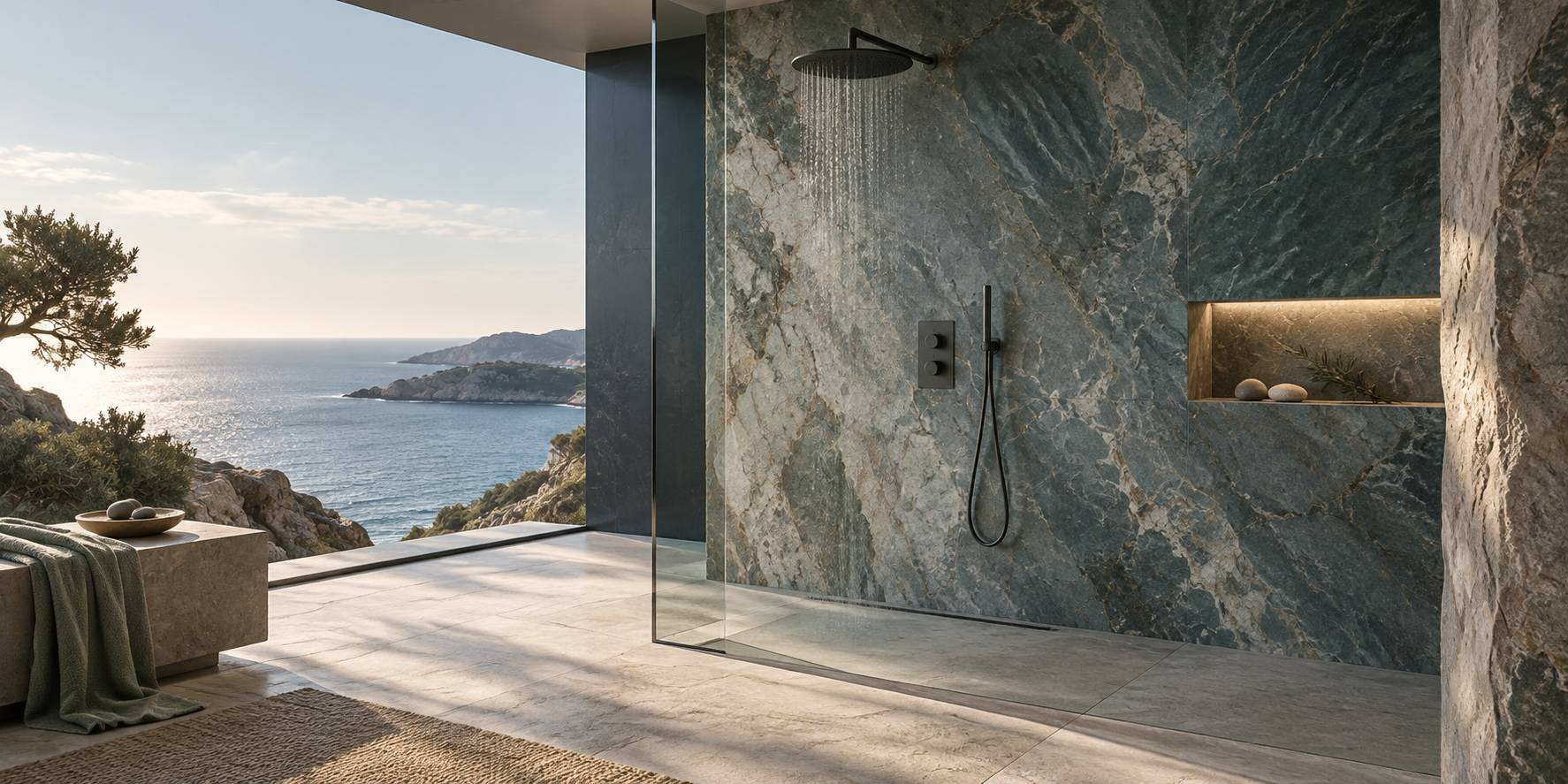 Salle de bains habillée de pierre naturelle avec vasque et serviettes pliées