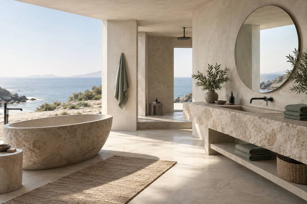 Salle de bains habillée de pierre naturelle avec vasque et serviettes pliées