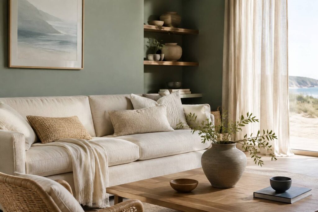 Salon serein au mur vert sauge avec canapé beige en lin et matières naturelles