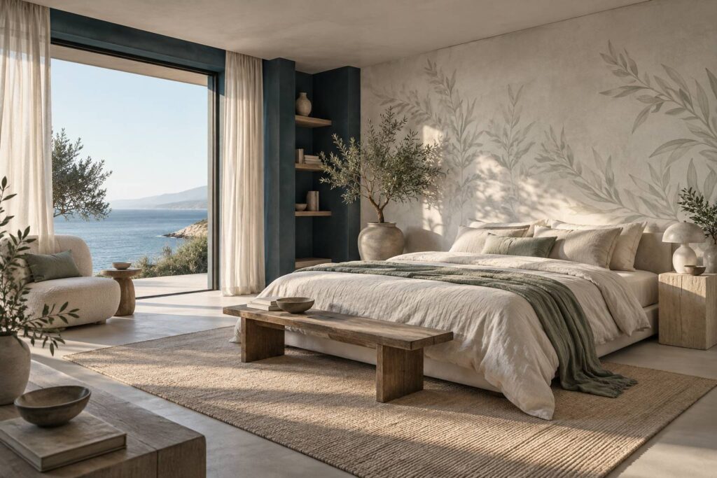 Chambre lumineuse avec motif mural au-dessus d'un lit bas