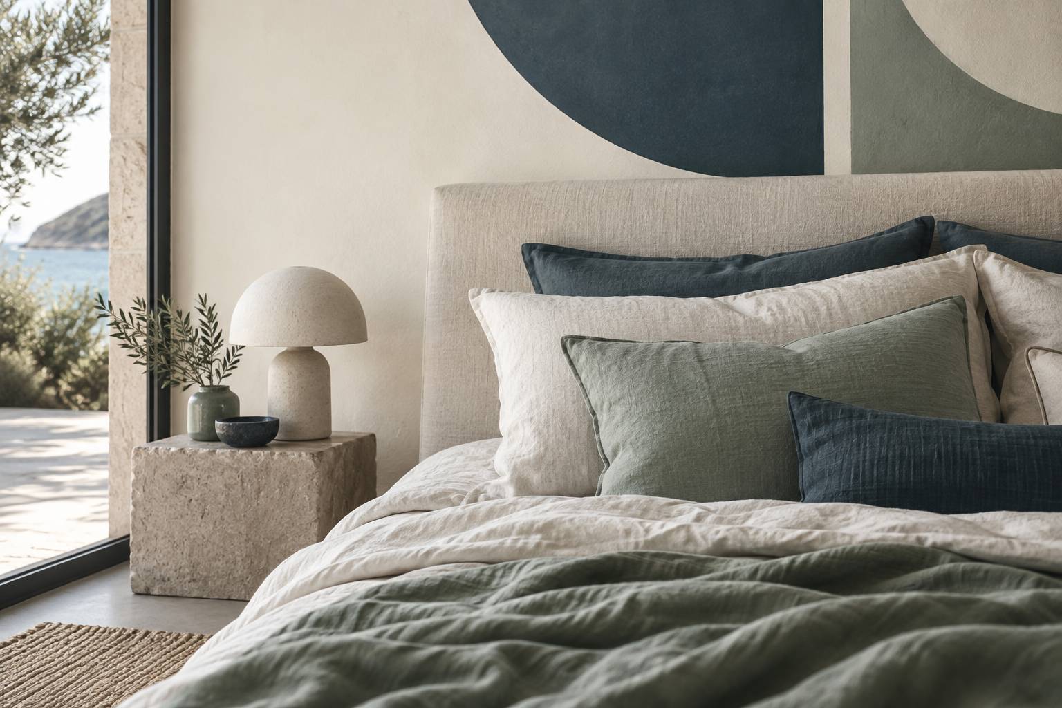 Motif mural discret au-dessus de coussins empiles sur un lit