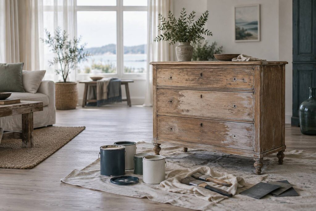 Commode en bois clair en cours de rénovation avec pots de peinture et pinceaux dans une pièce lumineuse