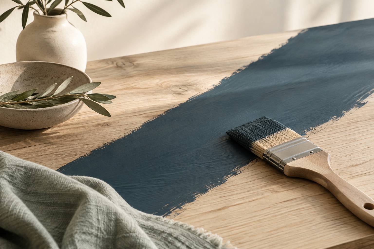 Surface d'un meuble en bois poncé avec une bande de peinture mate bleu ardoise