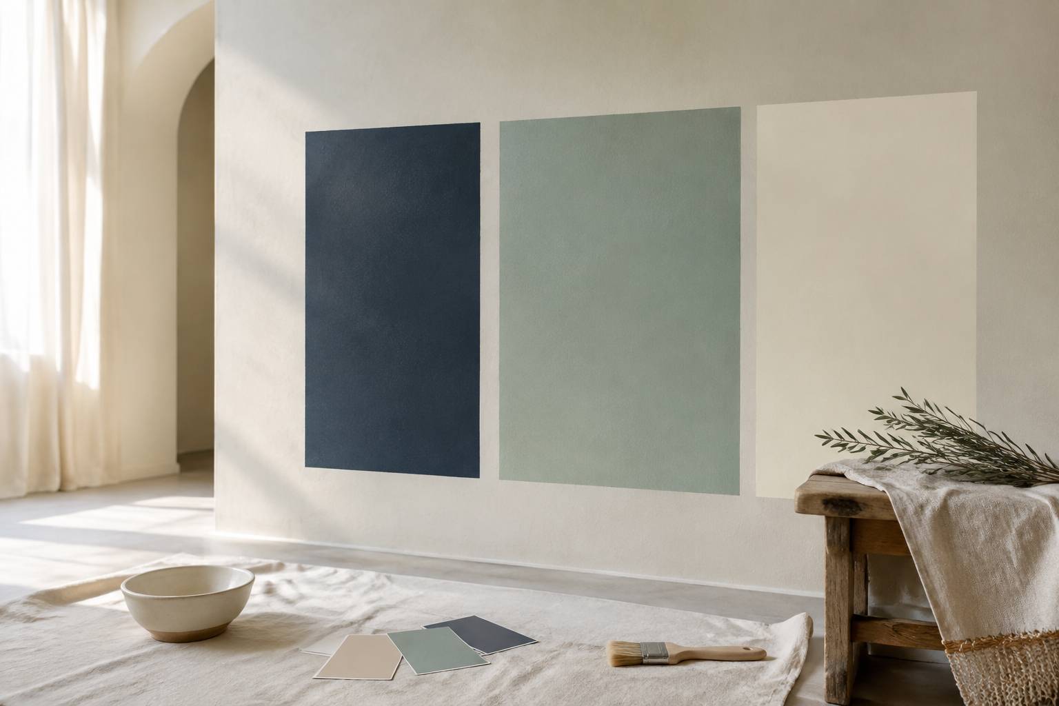 Zones de test bleu ardoise et vert-de-gris sur un mur éclairé par une fenêtre