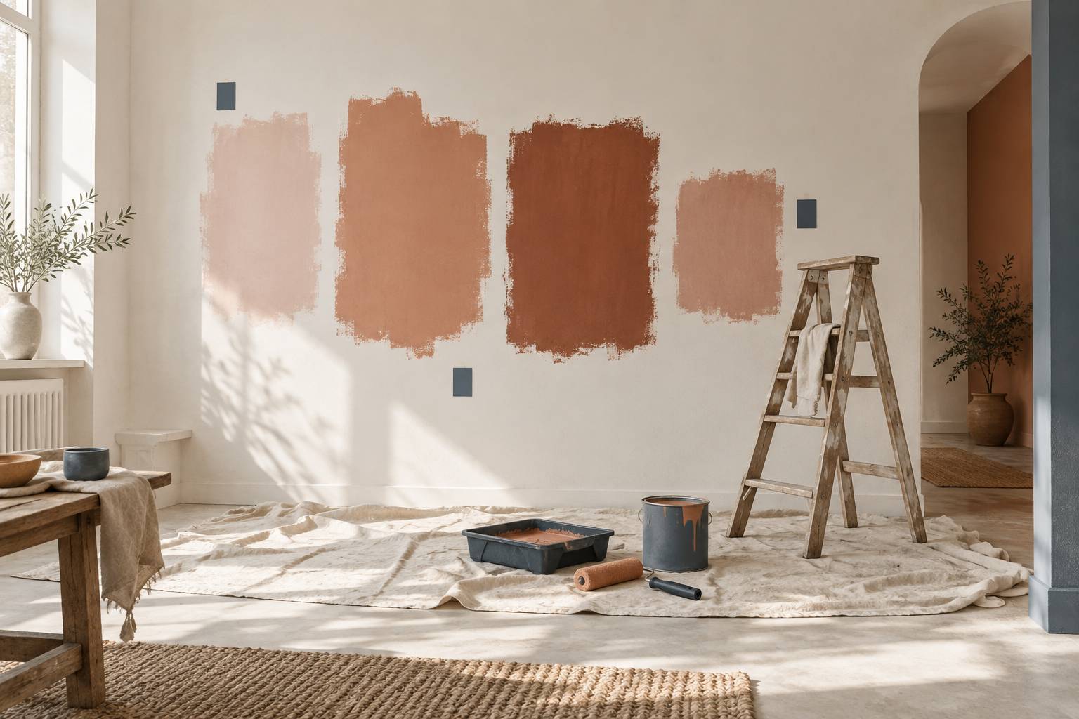 Aplats d'essai de peinture terracotta sur un mur blanc avec rouleau au sol