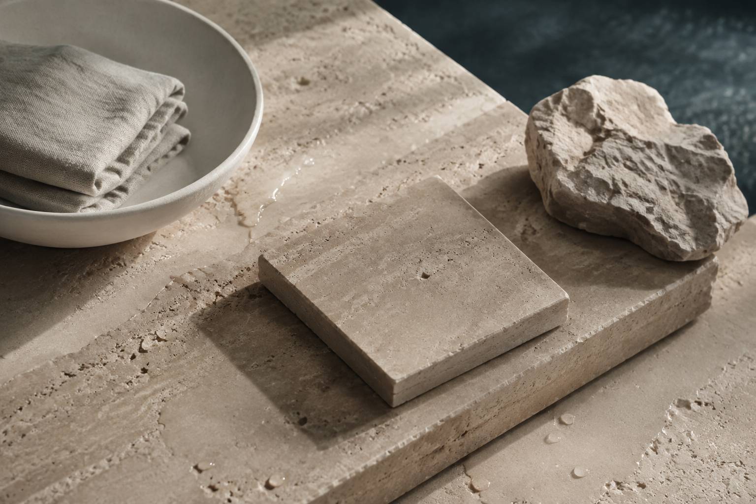 Détail de dalles de travertin beige aux veinures naturelles avec échantillon de finition adoucie