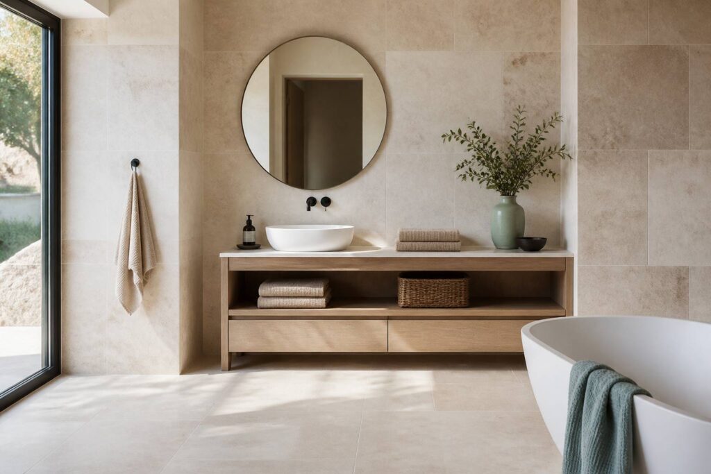 Salle de bains claire habillée de dalles de travertin beige sable avec vasque blanche et bois clair