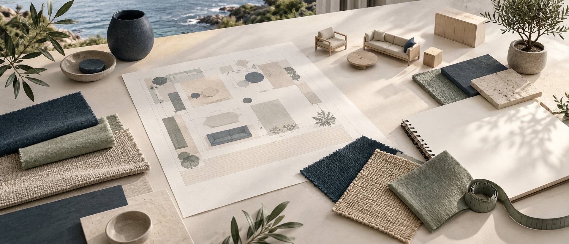 Echantillons de tissus, metre ruban et plan neutre sur une table claire