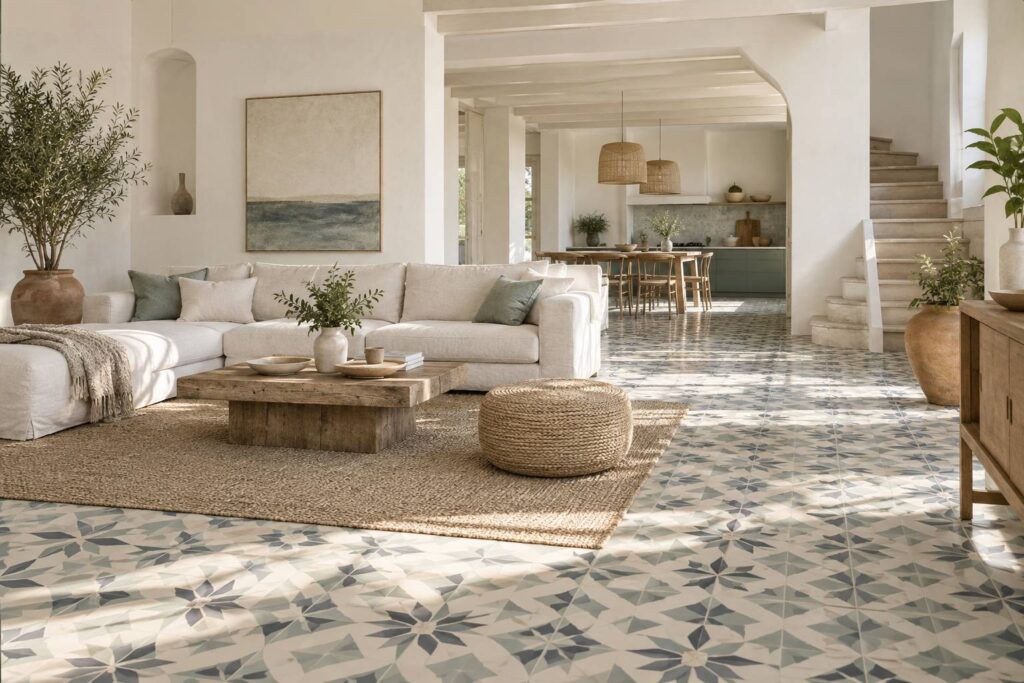 Interieur renove avec sol en carreaux de ciment anciens a motifs