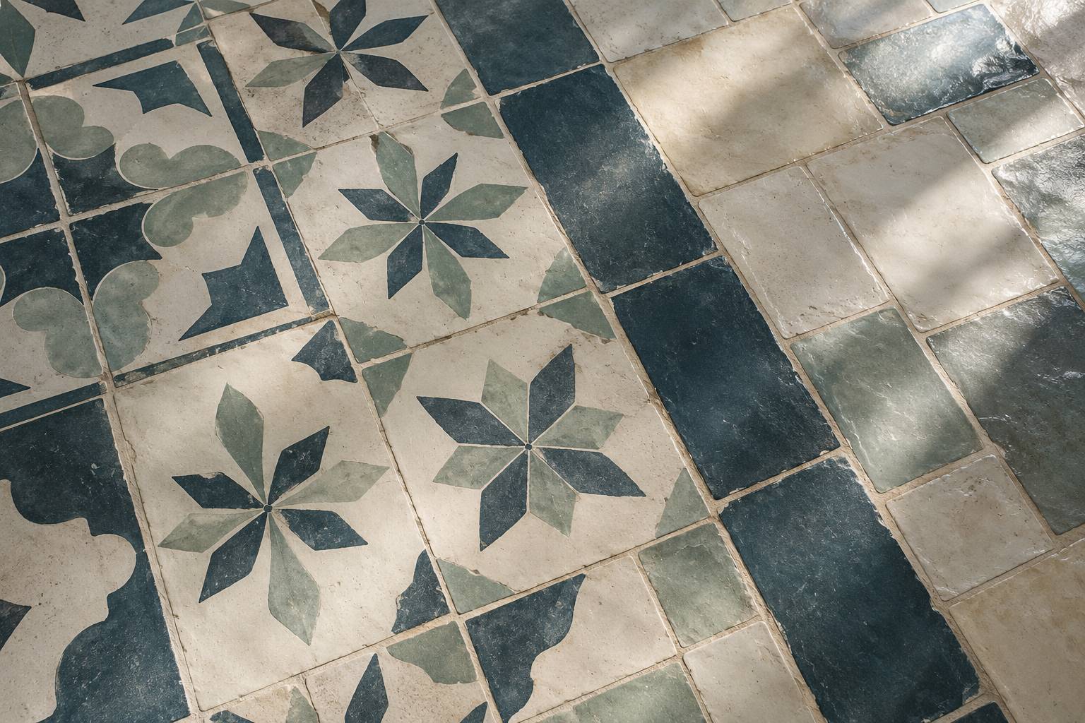 Sol en carrelage ancien renove a motifs geometriques vu en plongee