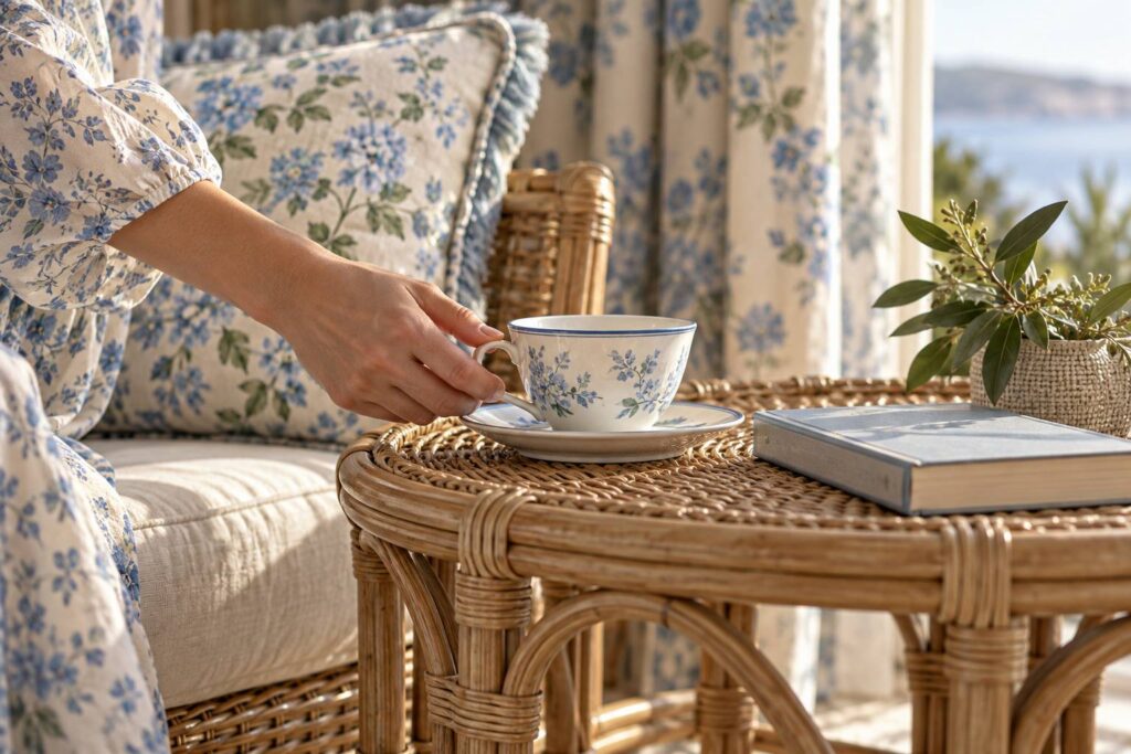 Illustration de détail sur le sujet : Coastal grandmillennial : chintz et rotin