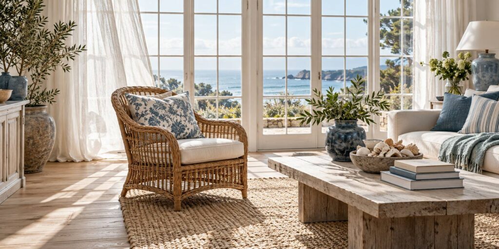 Fauteuil en rotin avec coussins de chintz fleuri dans un salon clair de bord de mer