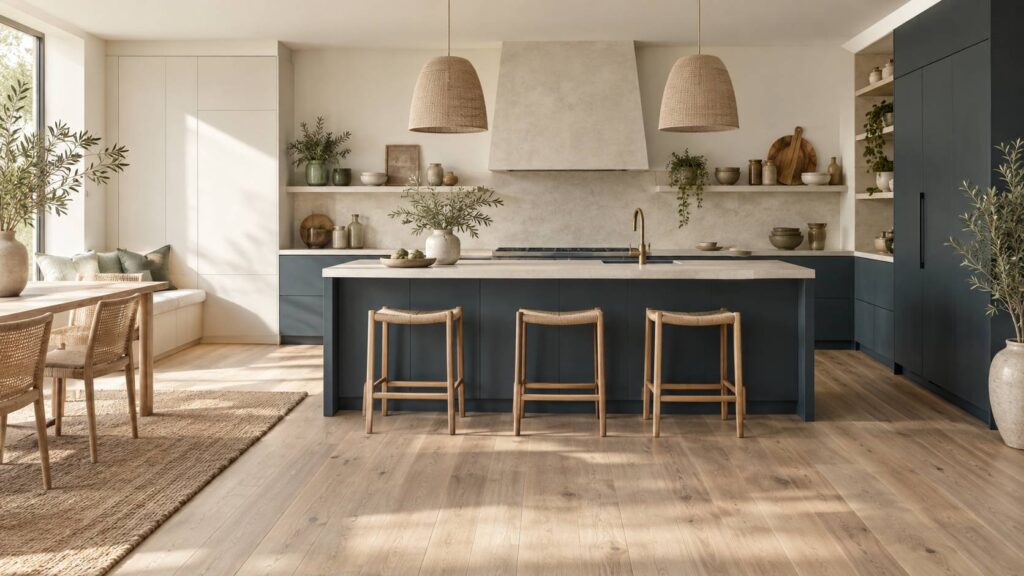Cuisine lumineuse au parquet de chene clair avec facades mates et lumiere douce