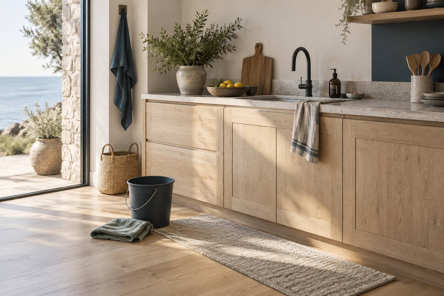 Parquet de cuisine pres d'un evier protege par un tapis et des joints nets