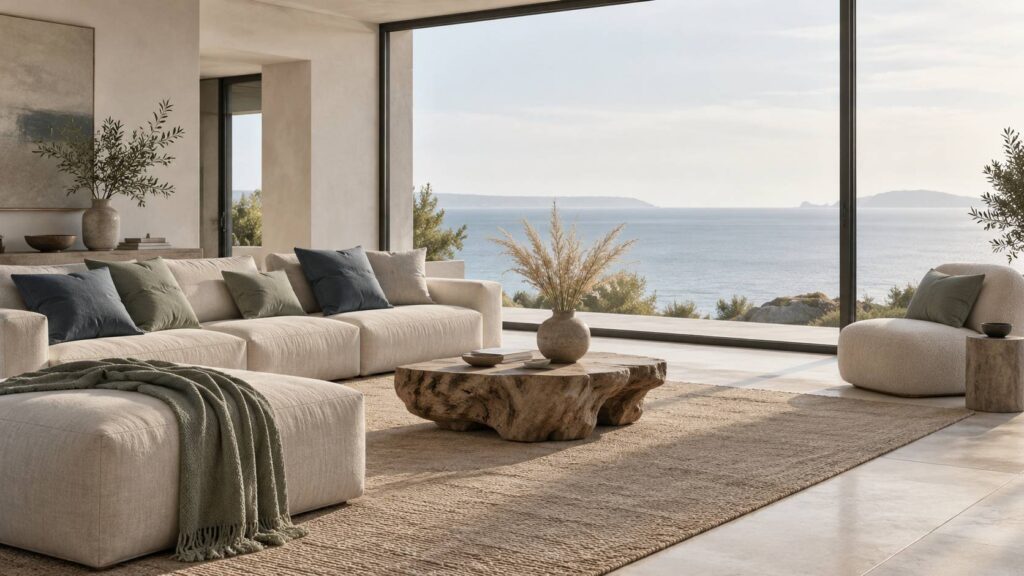 Salon sobre au bord de mer avec canapé en lin clair et table en bois discret, lumière naturelle