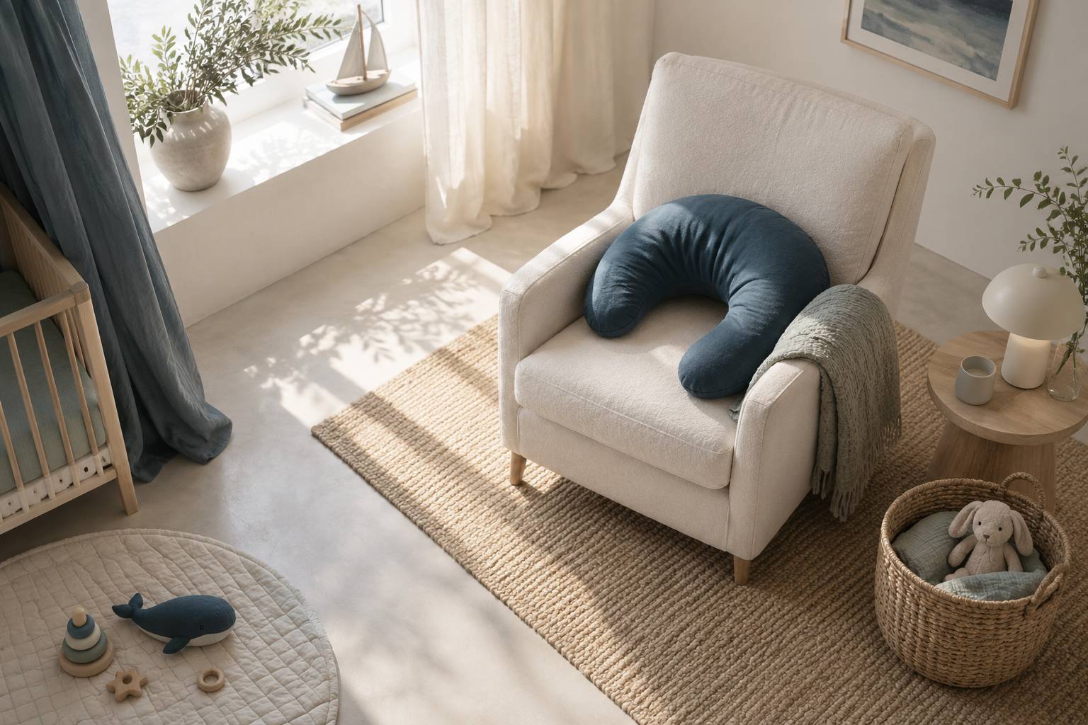 Coussin d'allaitement, plaid et panier en osier dans un coin nurserie