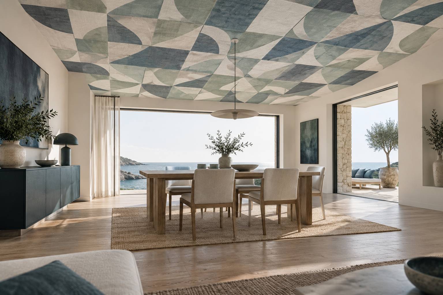 Plafond tendu de papier peint géométrique au-dessus d'une table à manger sobre