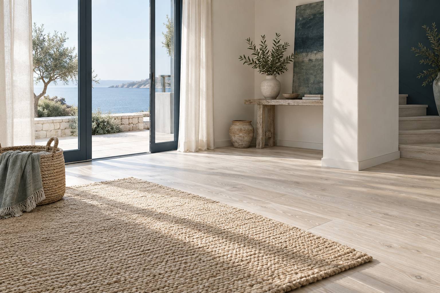 Détail d'un parquet de bois blanchi au veinage clair
