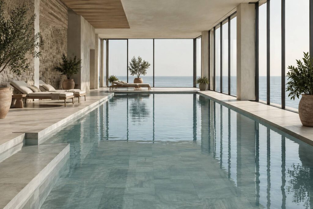 Piscine intérieure épurée avec baies vitrées et transats sobres en lumière douce