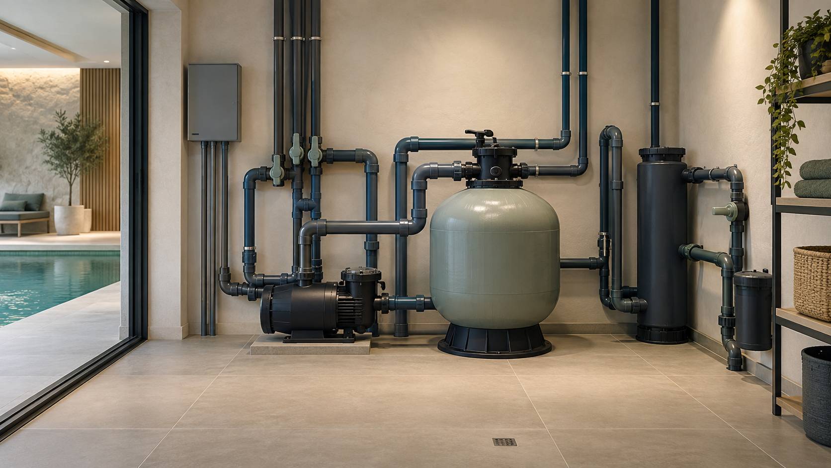 Local technique propre avec filtration et tuyauterie d'une piscine intérieure