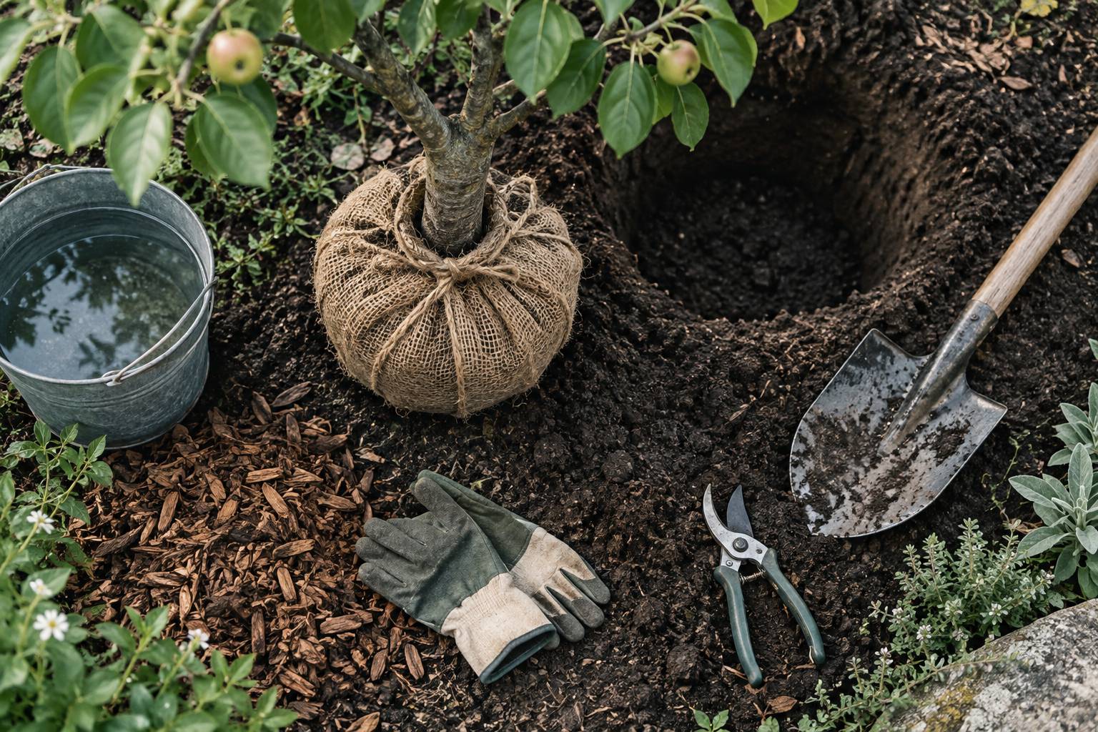 Outils de jardinage et motte racinaire au pied d'un arbre fruitier a planter