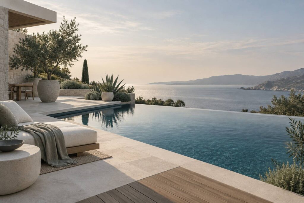 Terrasse de piscine claire avec dalles de pierre et margelle nette
