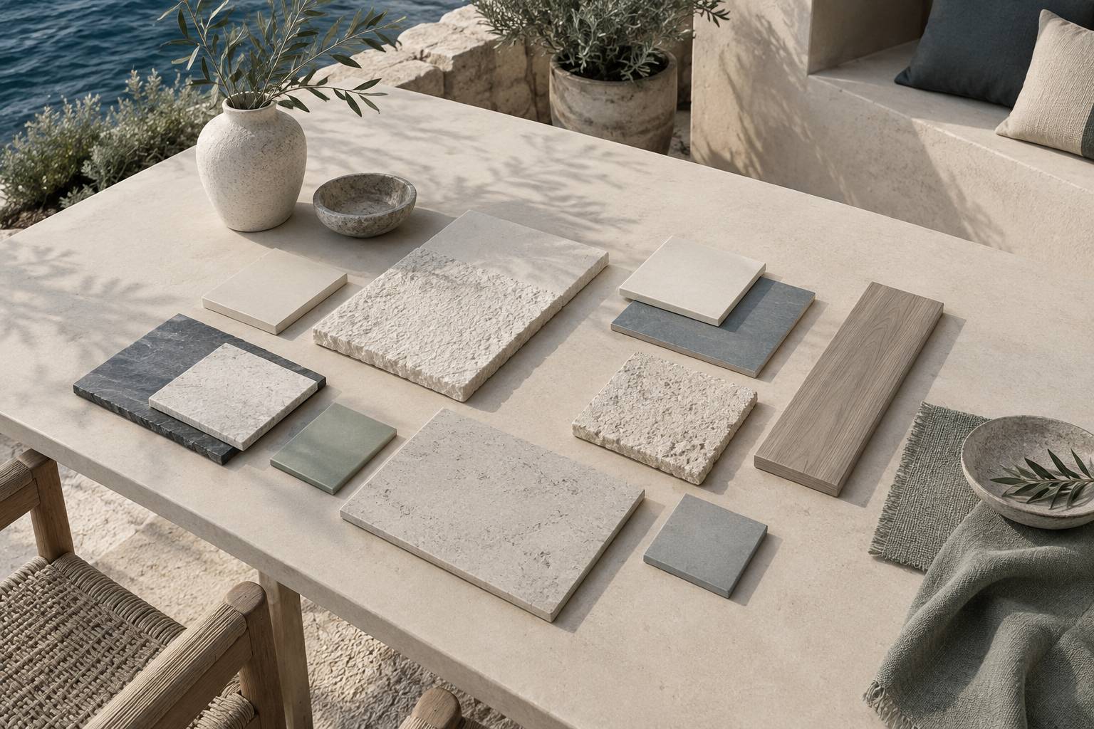 Echantillons de revetements de piscine poses sur une table exterieure