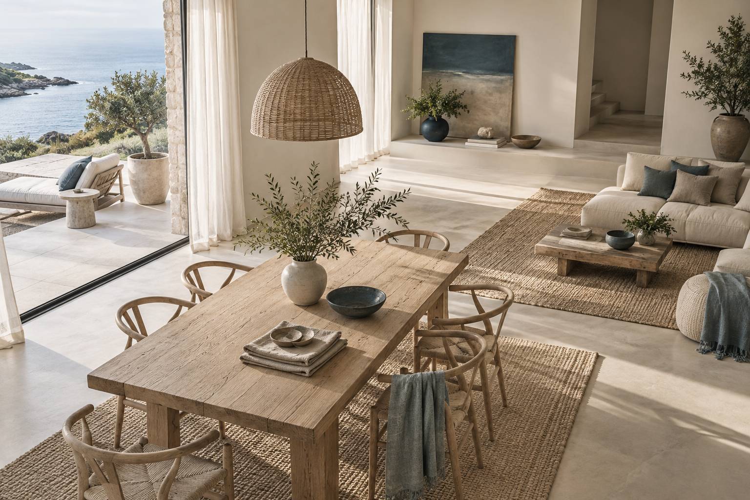 Interieur lumineux avec textiles naturels et touches bleu ardoise